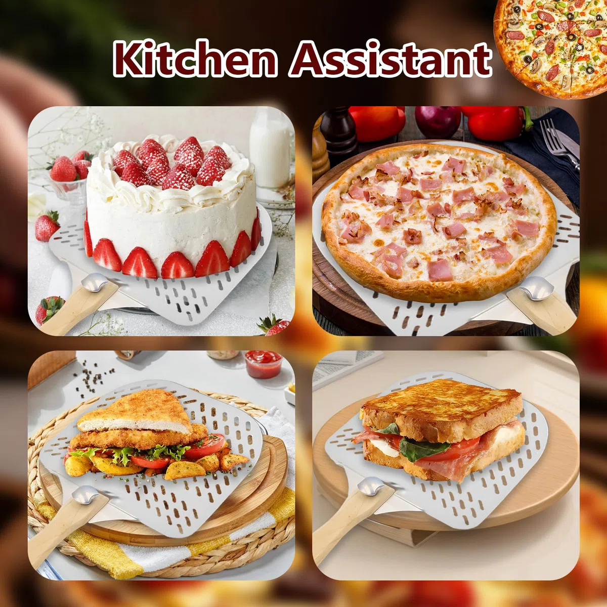 Pala Pizza, Pala para Pizza Perforada, 31 x 63 cm Pala para Pizzas de Aluminio con Mango de Madera Extraíble, Pala de Pizza para Barbacoa, Cocinar Pizzas y Pan