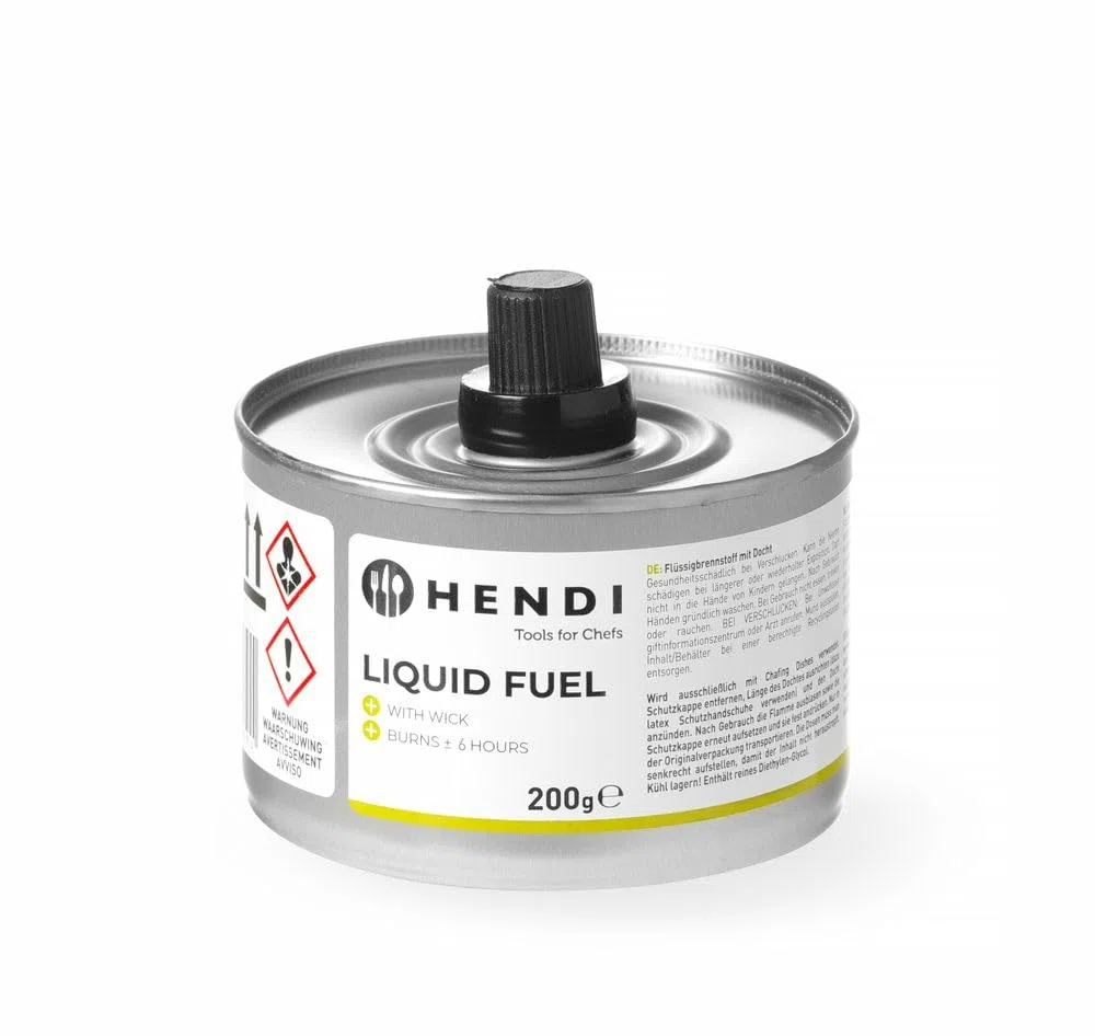 HENDI Combustible líquido, lata, con mecha, 6 unidades, sin hollín y sin olor, tiempo de combustión 6 horas, dietilenglicol puro, para calentadores de alimentos, calientaplatos, chafing dish, 200gr