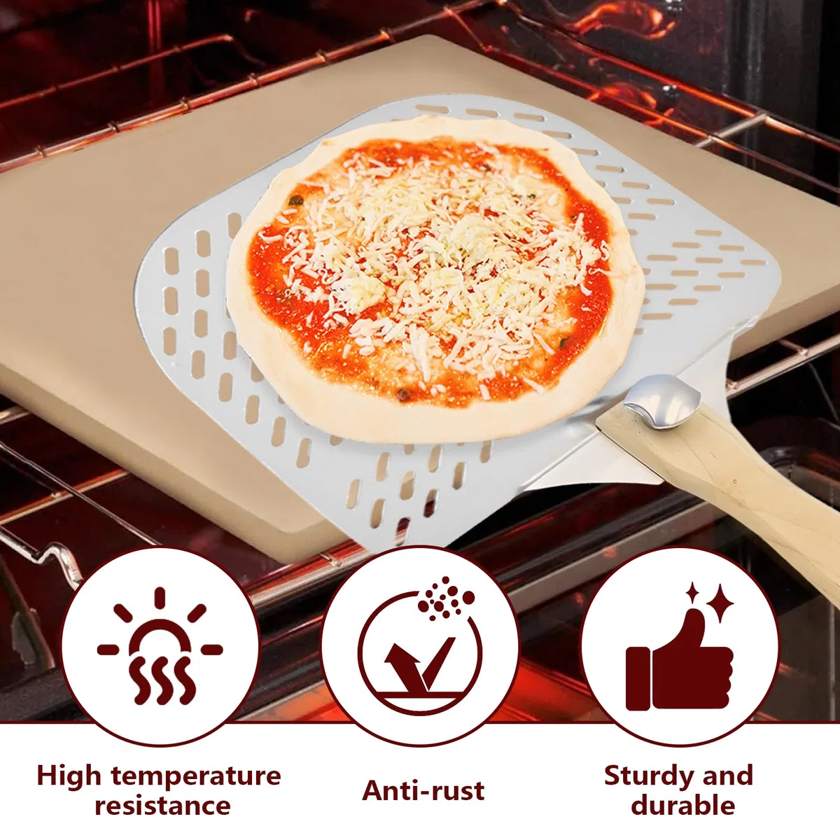 Pala Pizza, Pala para Pizza Perforada, 31 x 63 cm Pala para Pizzas de Aluminio con Mango de Madera Extraíble, Pala de Pizza para Barbacoa, Cocinar Pizzas y Pan