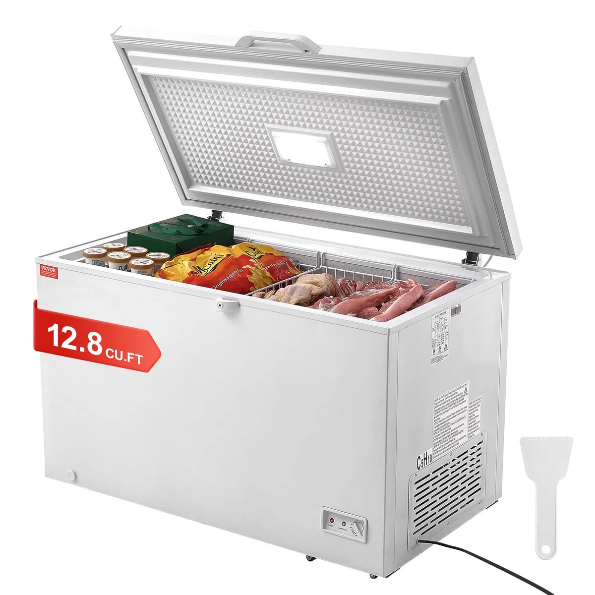 VEVOR Congelador Horizontal Grande de 345 L y 4 Cestas Extraíbles Independientes con Puerta Abierta Superior con Tapa de Bloqueo Temperatura Ajustable de 7 Niveles Iluminaciones LED 6 Ruedas