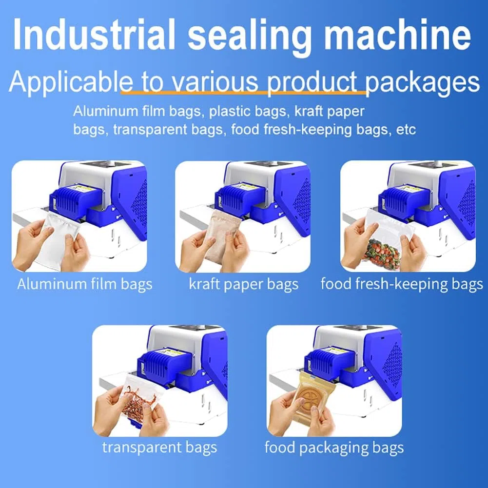 Máquina de envasado de alimentos, sellador térmico para bolsas de plástico y aluminio, sellador de banda continua de 80 W para bolsas de papel kraft y PVC, 5 m/min para un embalaje eficiente