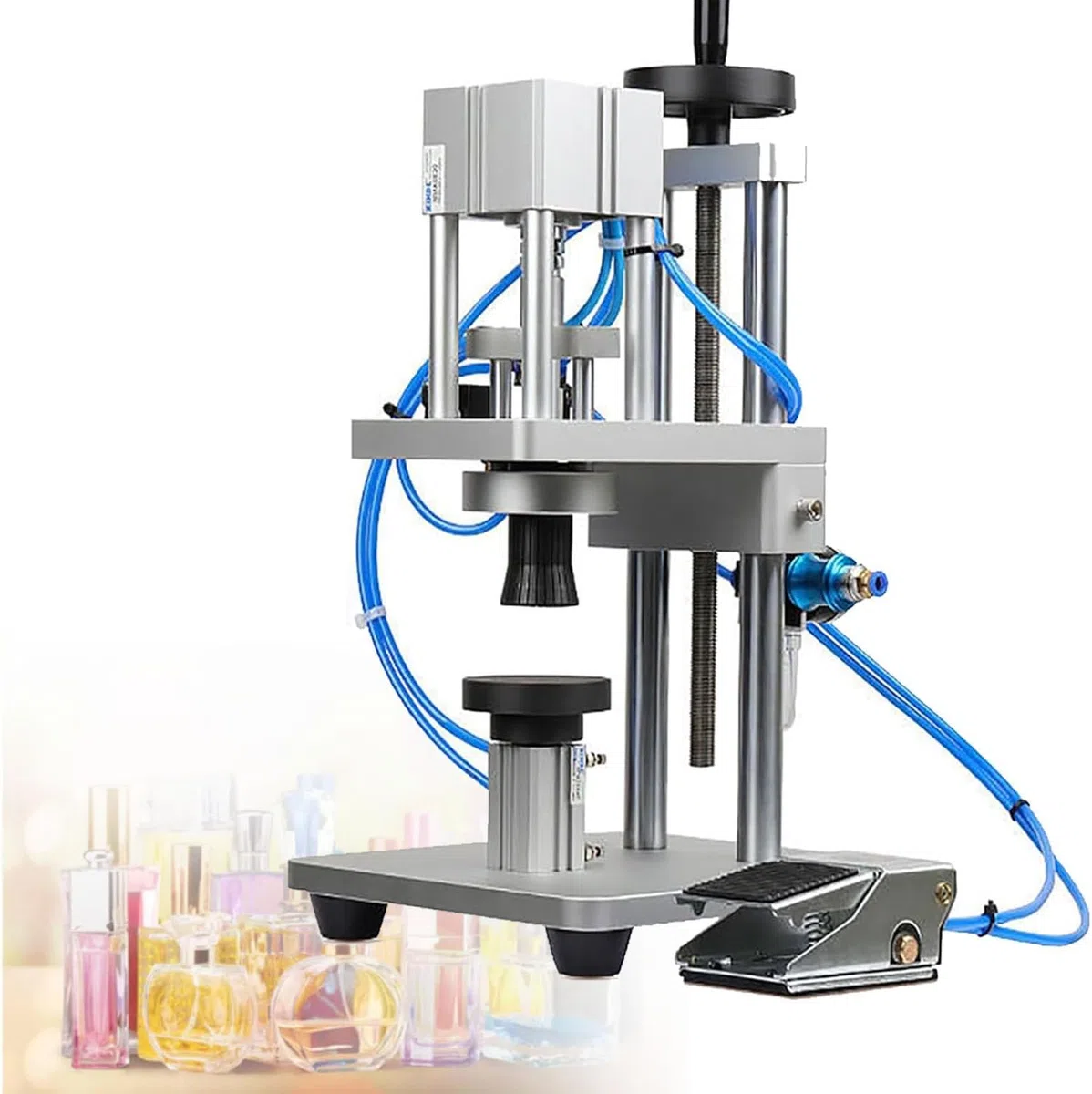 Máquina neumática taponadora de Botellas para perfumes, aceites Esenciales y Aerosoles. Selladora de Tapas metálicas de 20 mm.