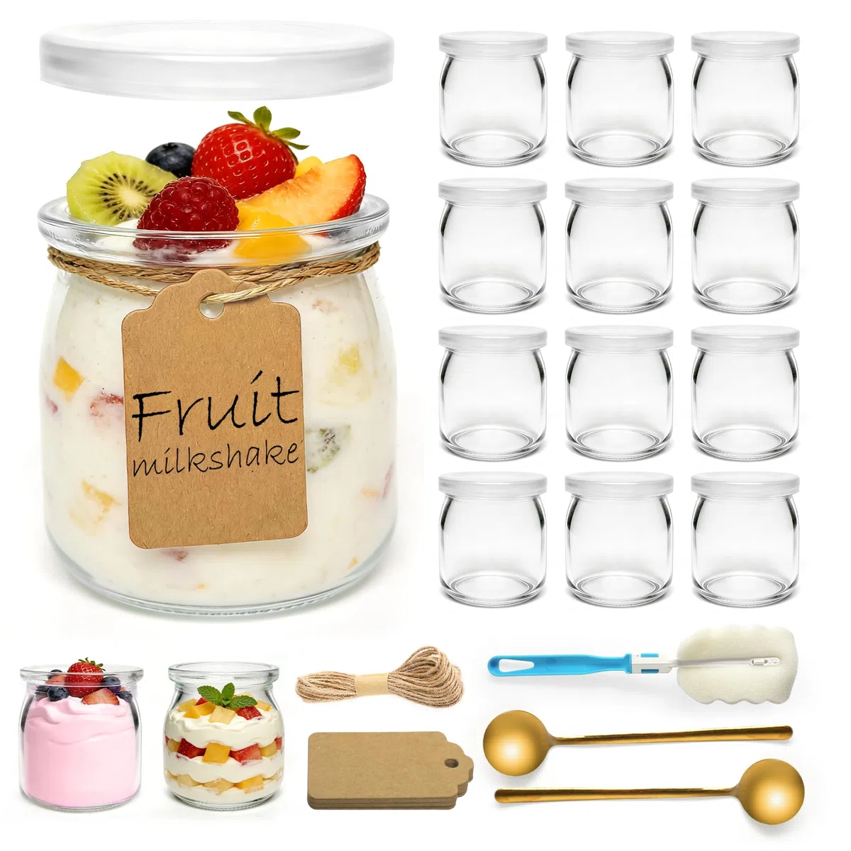 12 vasos de postre transparentes, 200 ml, con tapa, para gelatina, mousse, cereales, postres, pudín, lavavajillas, congelador y microondas