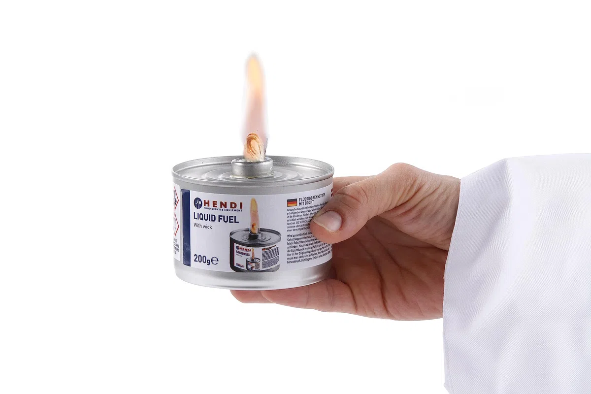 HENDI Combustible líquido, lata, con mecha, 6 unidades, sin hollín y sin olor, tiempo de combustión 6 horas, dietilenglicol puro, para calentadores de alimentos, calientaplatos, chafing dish, 200gr