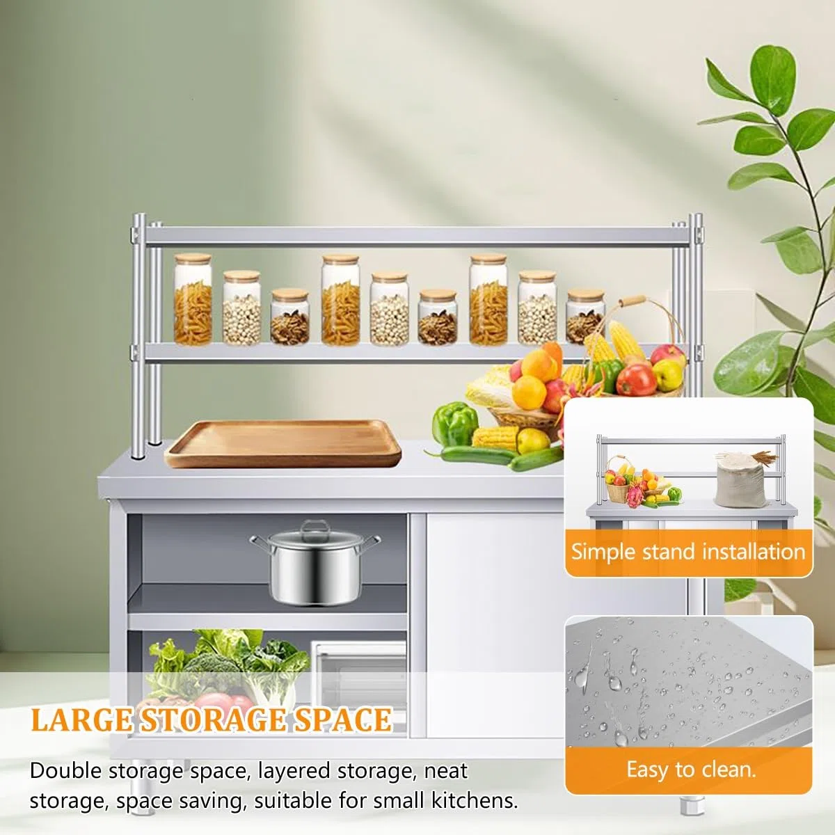 Mesa de trabajo de acero inoxidable, mesa de preparación de cocina comercial resistente con puerta corredera y estante superior para restaurante y bar