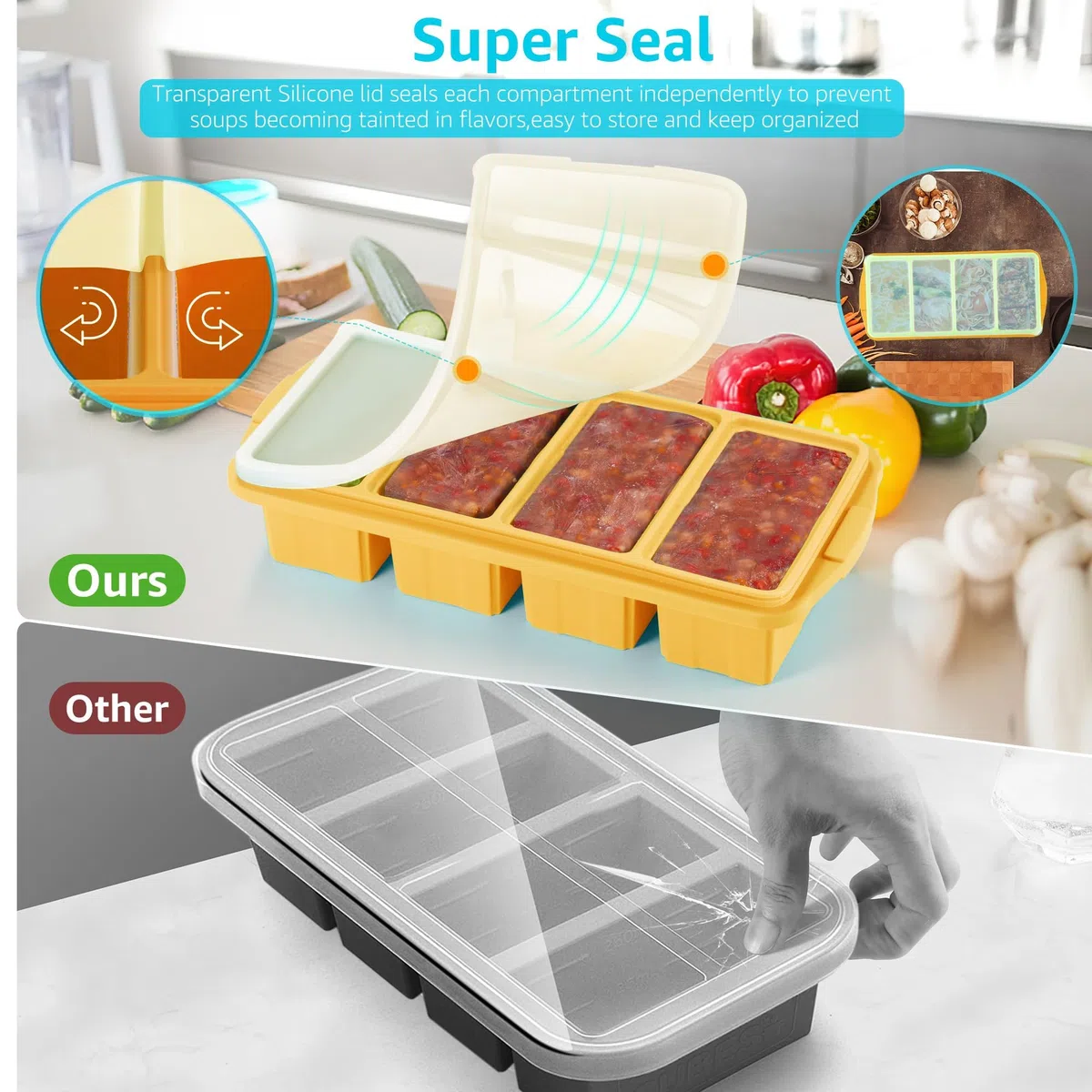 Souper Cube - Molde de silicona para congelación con tapa, sin BPA, apilable, ideal para sopa, caldo, cazuelas y preparación de alimentos (gris azulado)