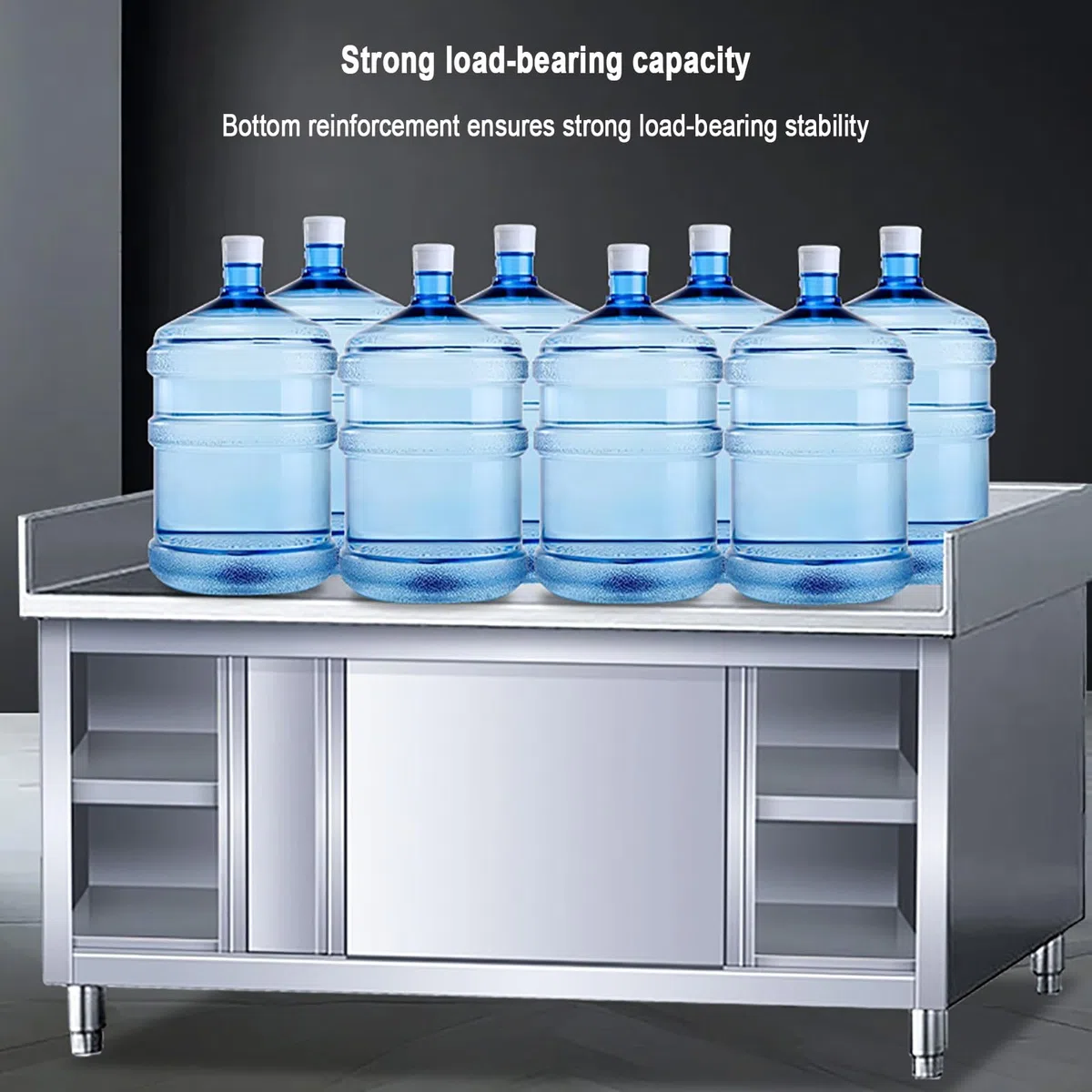 Mesa de preparación de acero inoxidable de varios niveles, mesa de trabajo comercial con puertas correderas y armarios de almacenamiento, diseño resistente, capacidad de 1240 libras, ideal para cocina