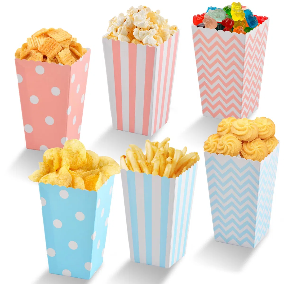 Volumoon Mini Caja de Palomitas, Cubo para Palomitas de Maíz (Juego De60), Bonitos Contenedor Azul y Rosa para Merienda, para Decoración Cumpleaños Fiestas Noche de Cine y Navidad