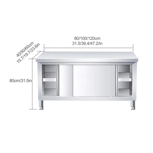 Mesa de trabajo comercial de acero inoxidable con puertas correderas de gabinete, mesa de preparación ideal para cocina, restaurante, hotel, garaje, fácil de limpiar