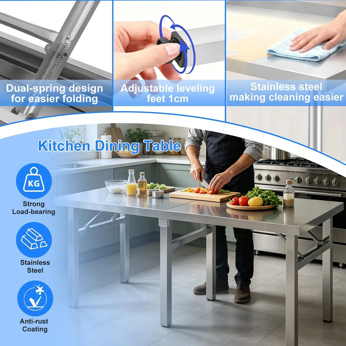 Mesa de preparación plegable de acero inoxidable, mesa de trabajo comercial resistente, isla cocina plegable portátil con patas plegables, estación de trabajo de preparación alimentos(100x40x75cm)