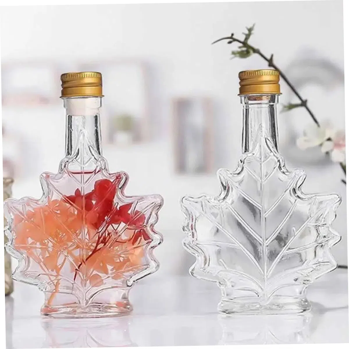 Botellas de jarabe de arce, botella de jarabe de vidrio reutilizable en forma de hoja de 250 ml con tapas, frascos de conservas portátiles de grado alimenticio para almacenar líquidos, aceites, per