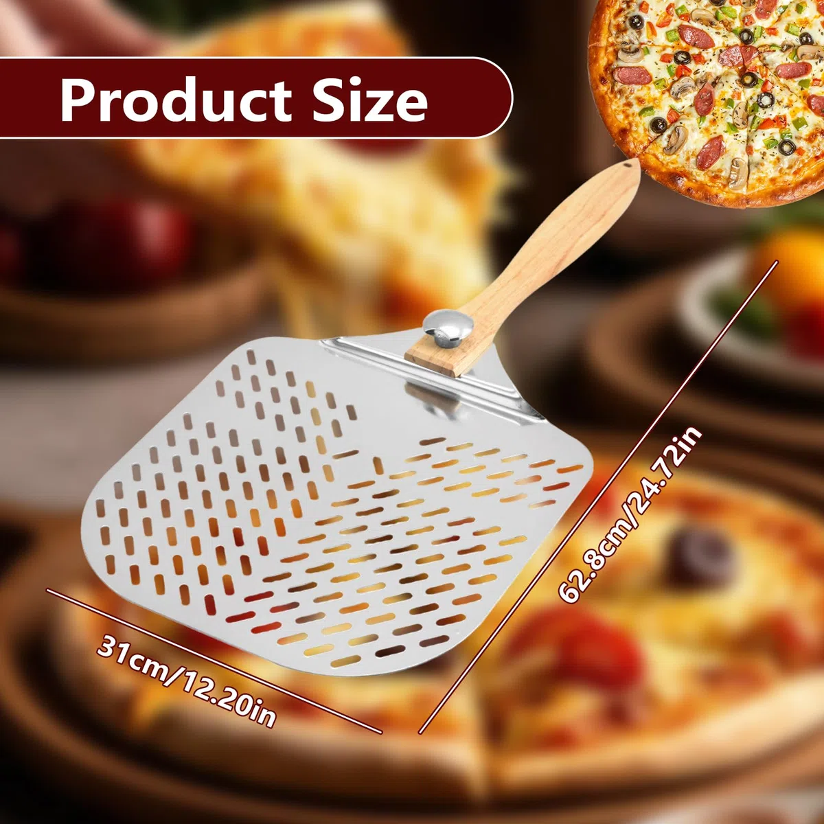 Pala Pizza, Pala para Pizza Perforada, 31 x 63 cm Pala para Pizzas de Aluminio con Mango de Madera Extraíble, Pala de Pizza para Barbacoa, Cocinar Pizzas y Pan