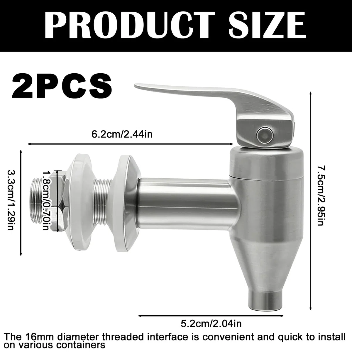 Dispensador de bebidas de acero inoxidable 304, 2 unidades, dispensador de bebidas con grifo, grifo de repuesto para celebración y botella de bebidas, rosca de 16 mm