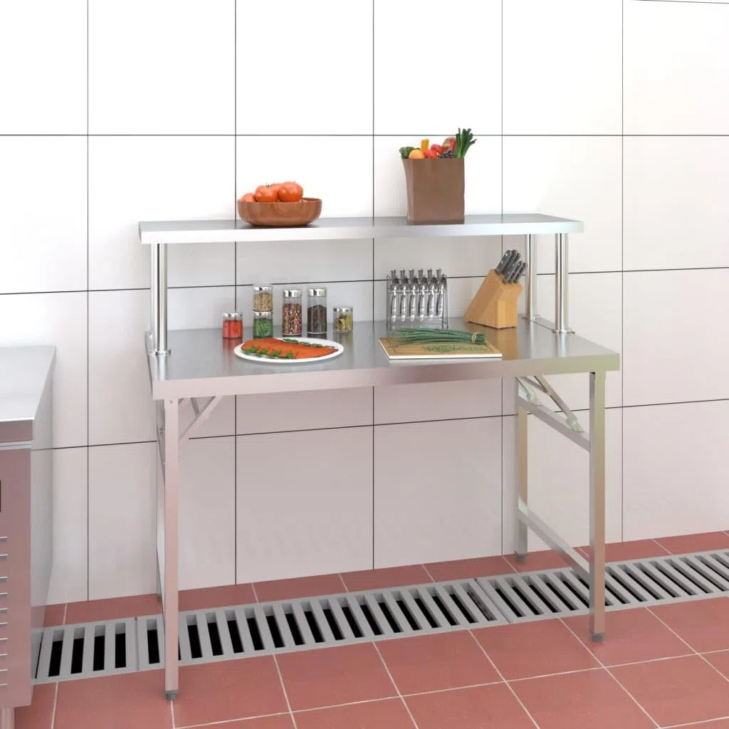 Mesa de trabajo plegable de acero inoxidable con estante 120 x 60 x 115 cm