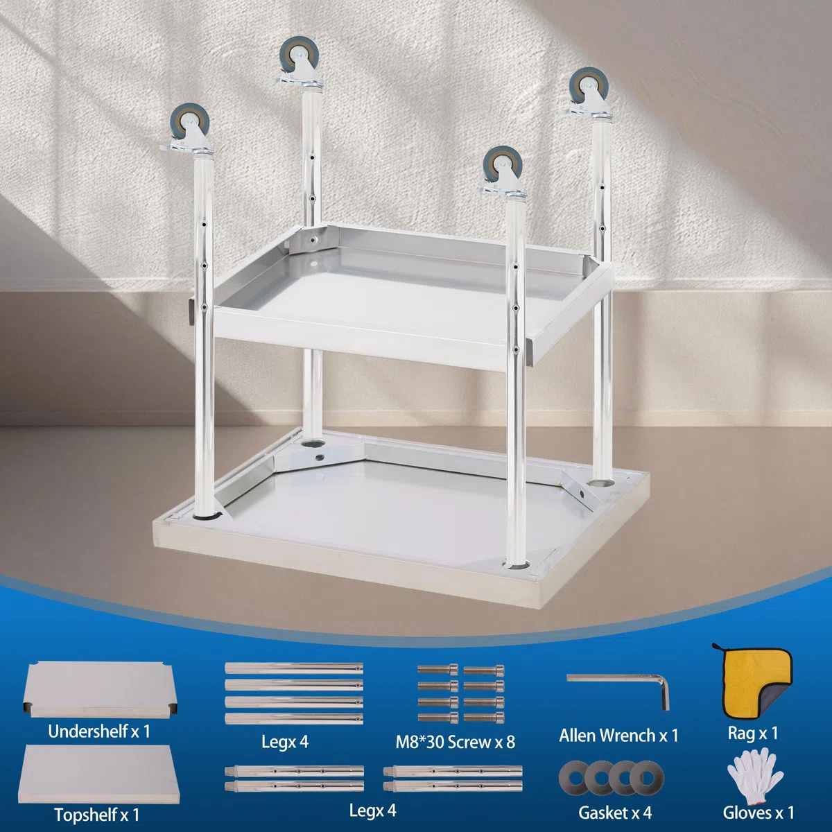 Mesa de Trabajo de Acero Inoxidable de 61 x 61 cm (24" x 24"), de Dos Niveles, cniveles, con Estante Ajustable y Ruedas con Bloqueo Cocina, Restaurante, Garaje y Uso Exterior.