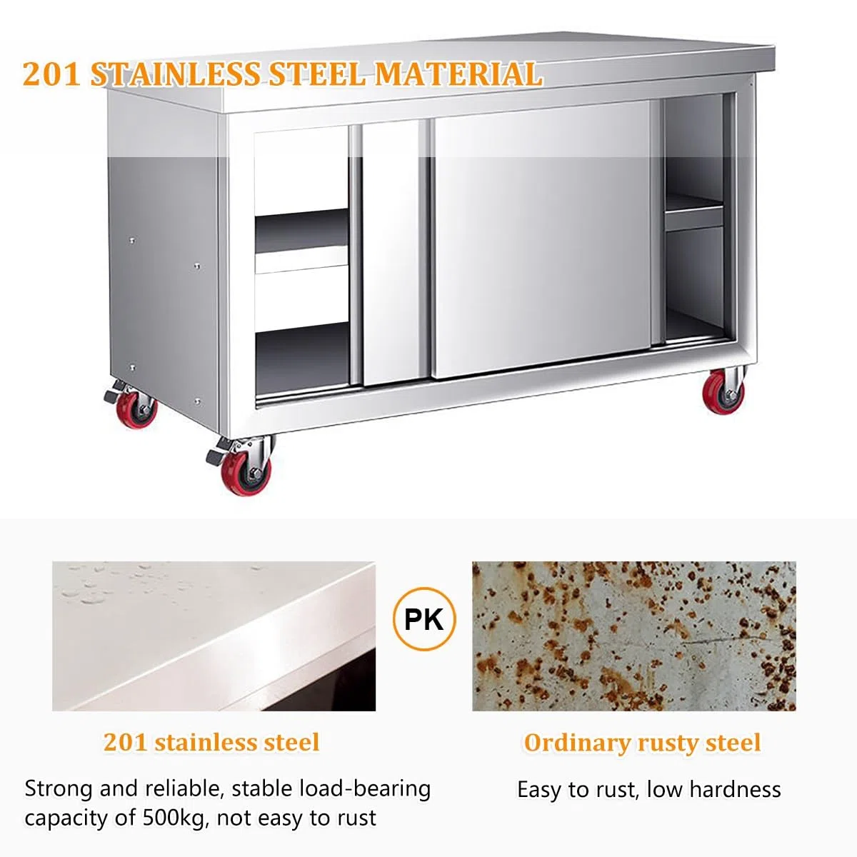 Mesa de trabajo de acero inoxidable con puertas dobles correderas y almacenamiento, mesa de preparación resistente con ruedas para cocina comercial, restaurante y garaje
