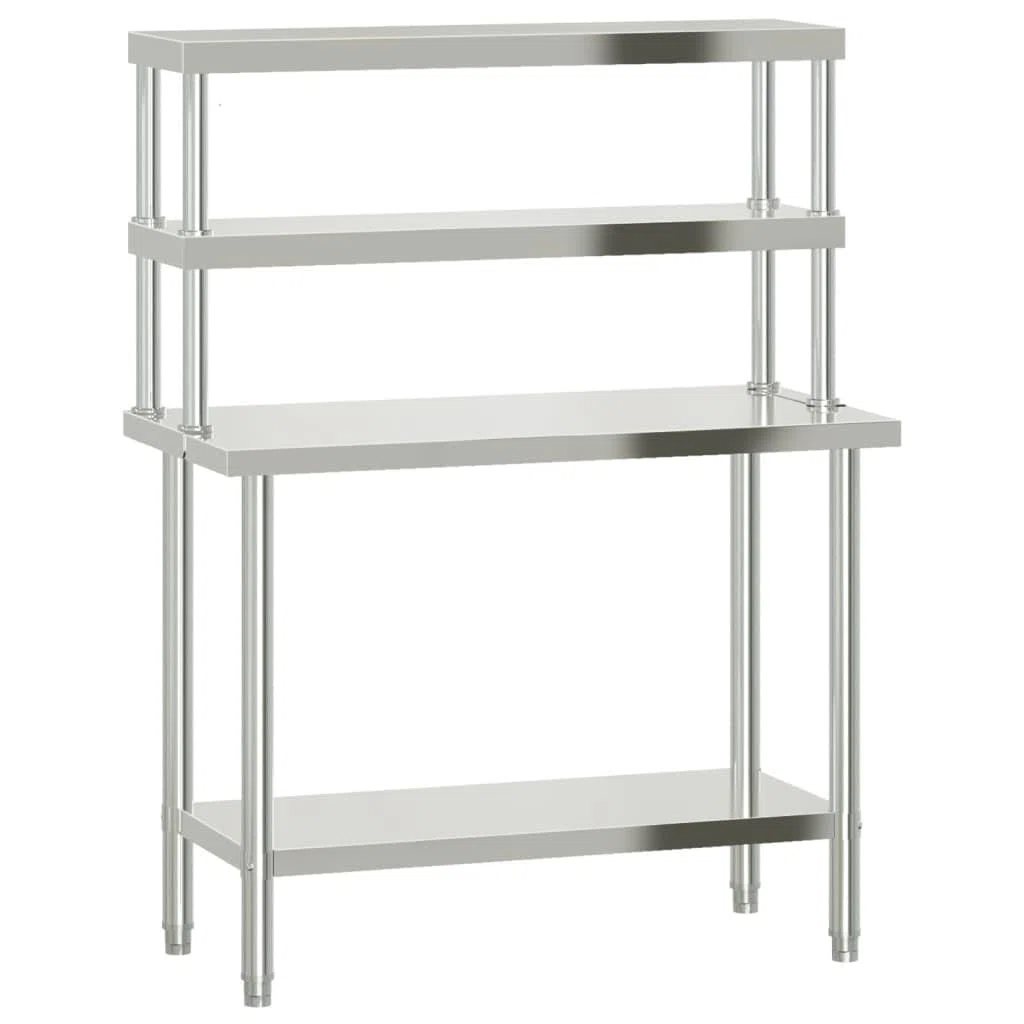 Mesa de trabajo de acero inoxidable con placa superior 110 x 55 x 150 cm, mesa de preparación con 2 estantes para gastronomía, cocina, restaurante, bar
