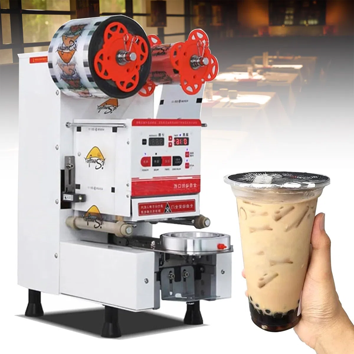 Máquina selladora de Vasos Totalmente automática, 600-800 Tazas/h Selladora de Vasos eléctrica Comercial con Panel LED de Control Digital, para Batidos de café, té con Leche y Burbujas,White