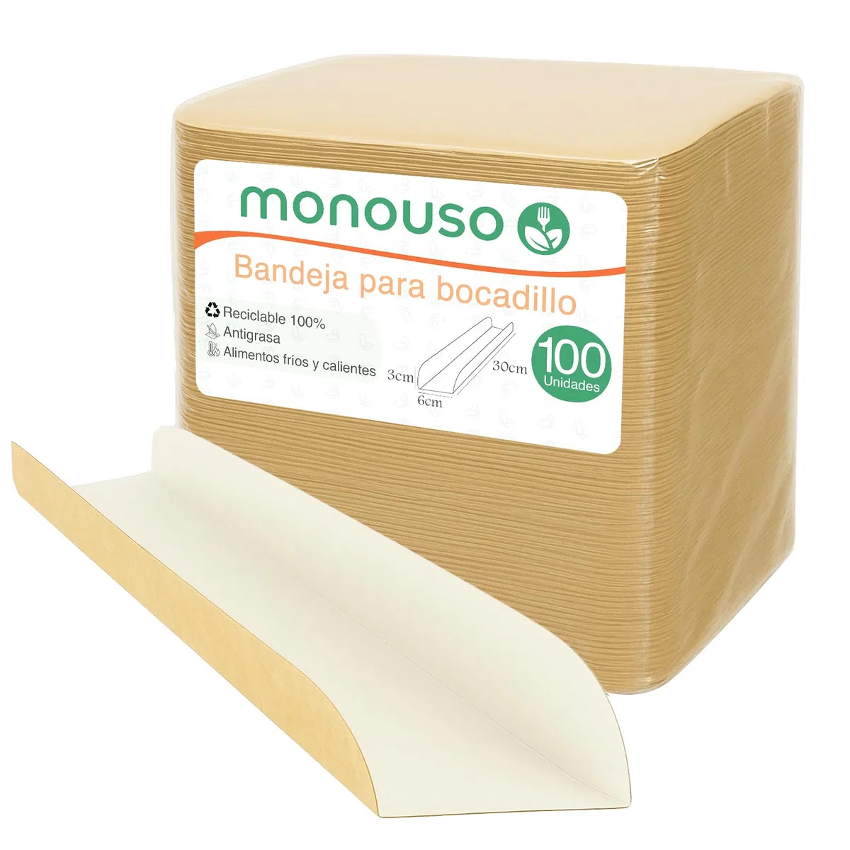 100 Bandejas de cartón 30x6,1x3,2cm, Bocadillos para llevar, Bandejas desechables, Porta Bocadillo, Comida para llevar