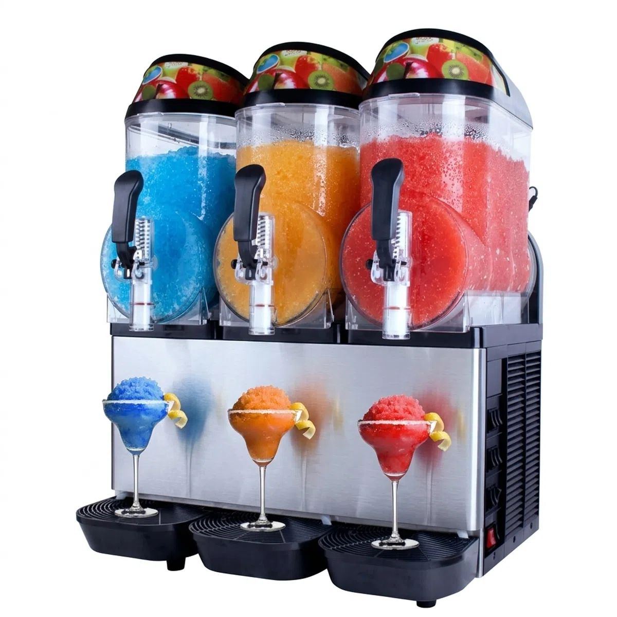 CVS Máquina granizadora comercial de bebidas heladas: 3 tanques triples de 12 litros | Fabricante de granizados para hoteles, bares y cafeterías | Iluminación LED | Termostato ajustable | Construcción