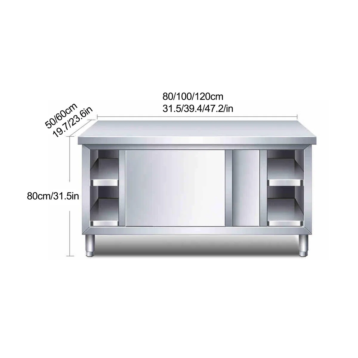 Mesa de trabajo comercial de acero inoxidable con puertas correderas, mesa de preparación resistente para el hogar, restaurante, garaje y almacén (80 x 50 x 80 cm / 31.5x19.7x31.5in)