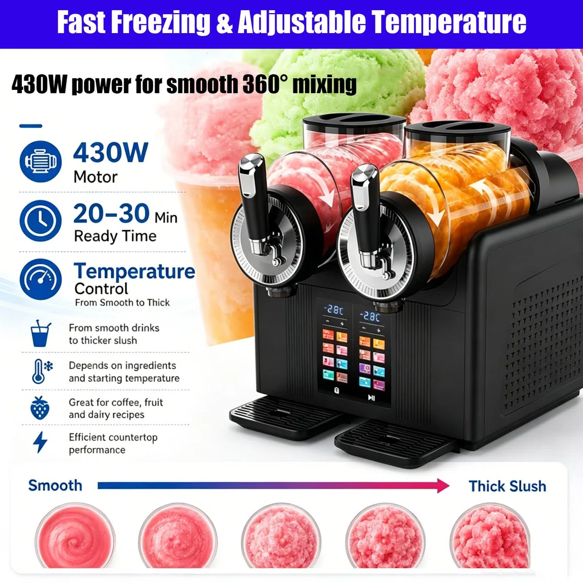 MáQuina De Granizados | MáQuina para Hacer Helado Cremoso, MáQuina Comercial De Granizados con 2 DepóSitos, 7 Modos Preestablecidos, Dureza Y Temperatura Ajustables Black