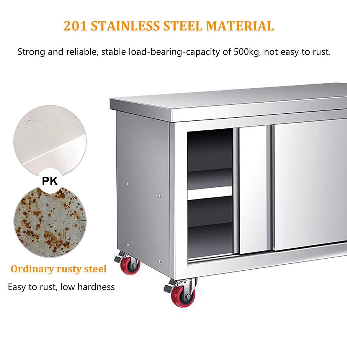 Mesa de trabajo de acero inoxidable con puertas corredizas, mesa de preparación de cocina comercial resistente con gabinete y ruedas, soporta hasta 1240 libras para uso en restaurantes y hoteles