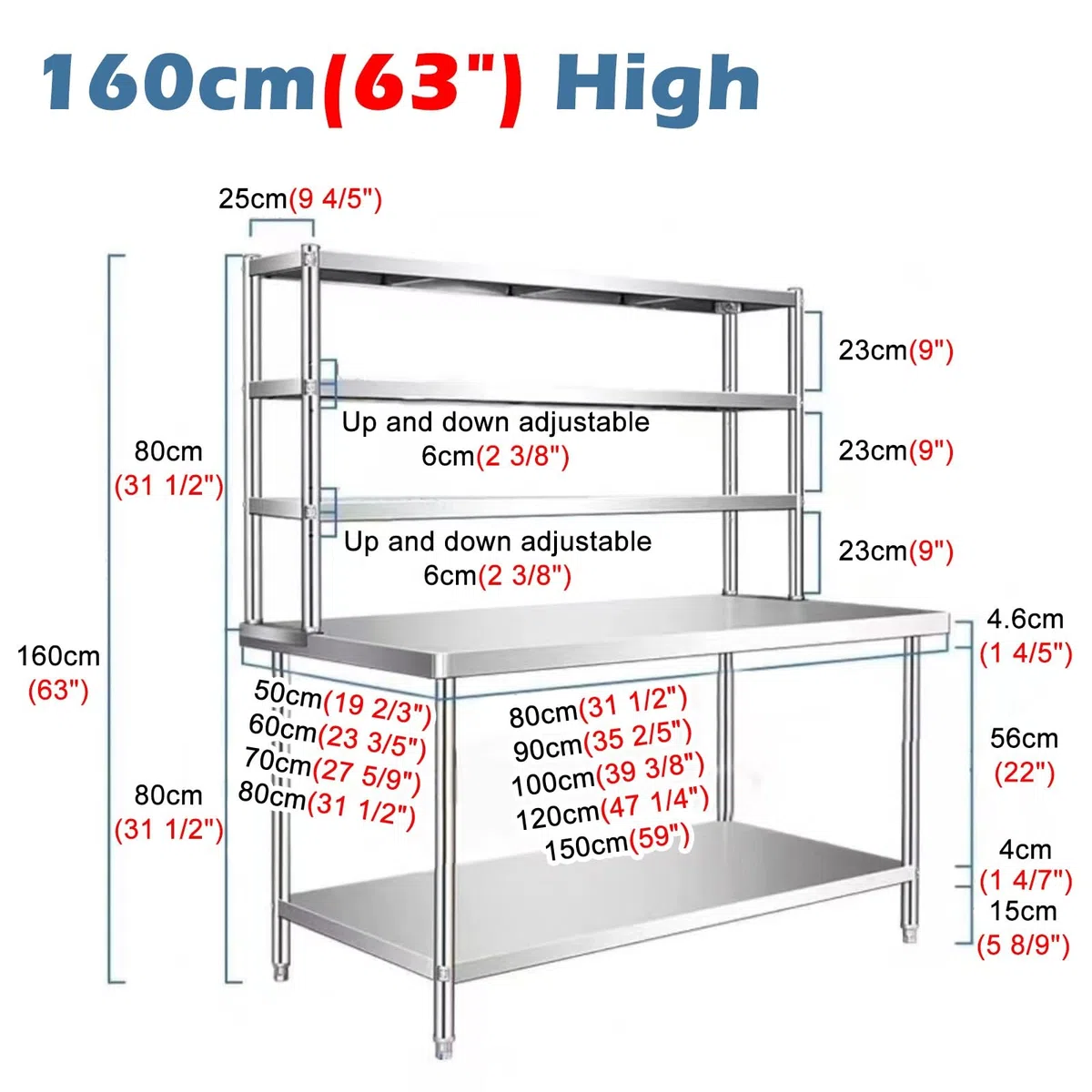 Mesa de Trabajo para Restaurante, estantería de Acero Inoxidable de 3 Niveles con Amplia Mesa de Trabajo para preparación de Alimentos en cocinas y lavanderías, mesas de Servicio de 0,6 mm d