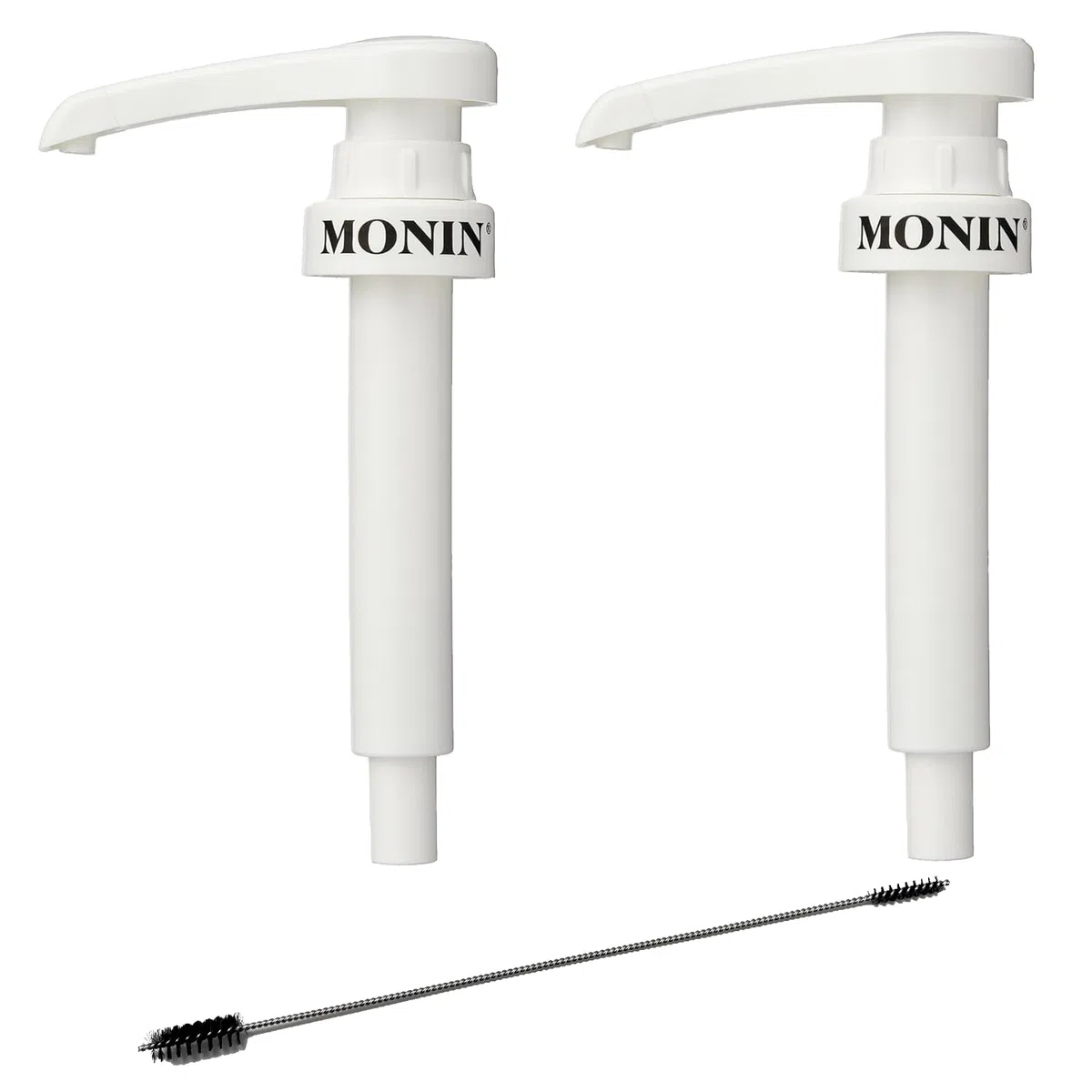 Juego de 2 bombas de jarabe para jarabe Monin de 0,7 litros, dispensador de botellas de cristal, bomba dosificadora para 10 ml + 1 cepillo de limpieza ZZ-Clan apto para tubo ascendente