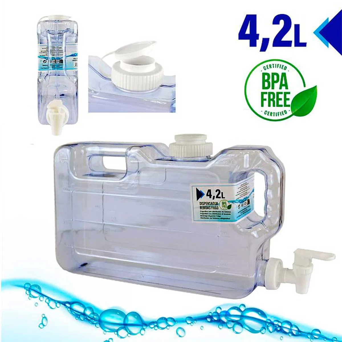 Tradineur - Dispensador de bebidas de plástico 4,2 litros con grifo y asa 20,5 x 7,5 x 39 cm, botella dispensadora agua para frigorífico, tanque, garrafa reutilizable con grifo para nevera