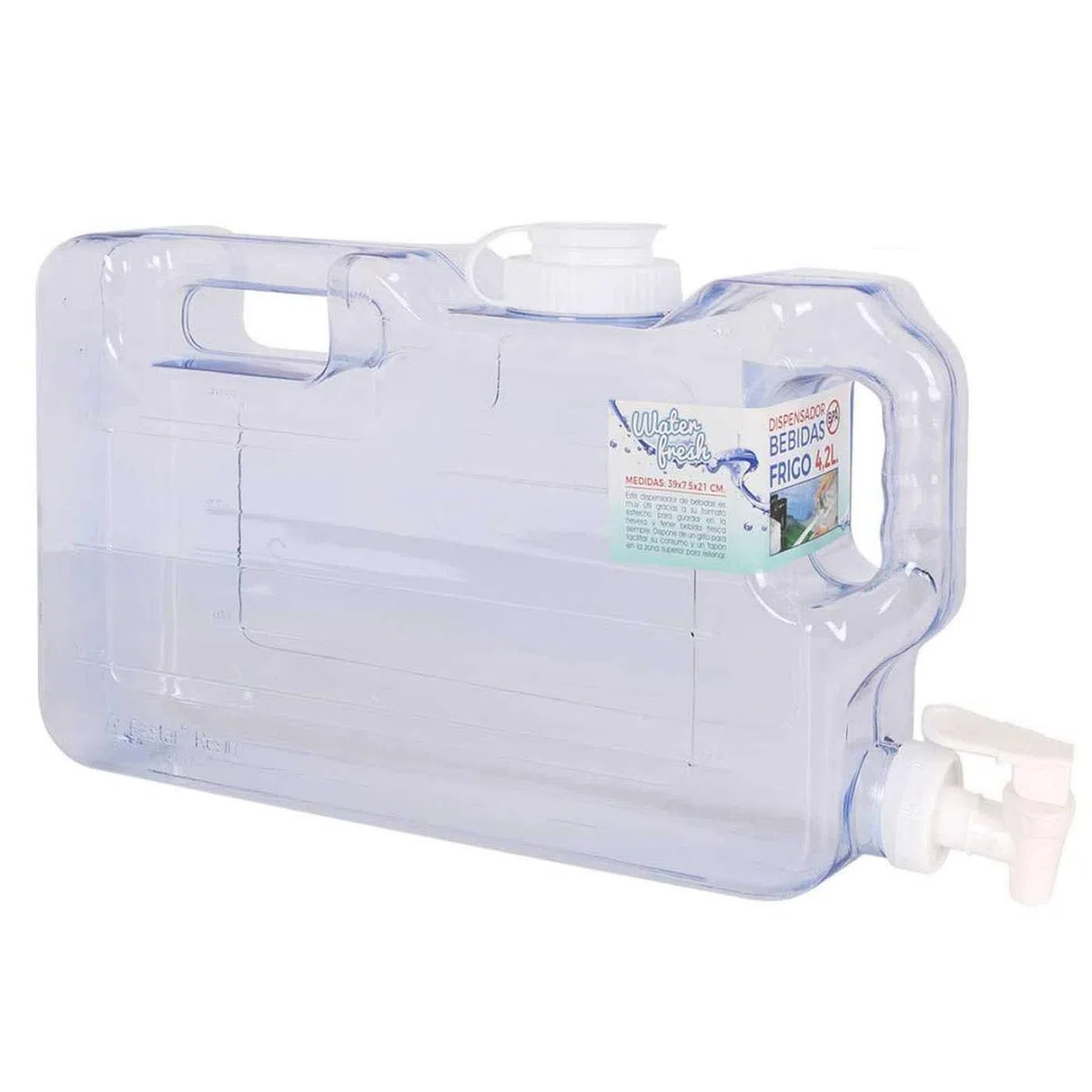Tradineur - Dispensador de bebidas de plástico 4,2 litros con grifo y asa 20,5 x 7,5 x 39 cm, botella dispensadora agua para frigorífico, tanque, garrafa reutilizable con grifo para nevera