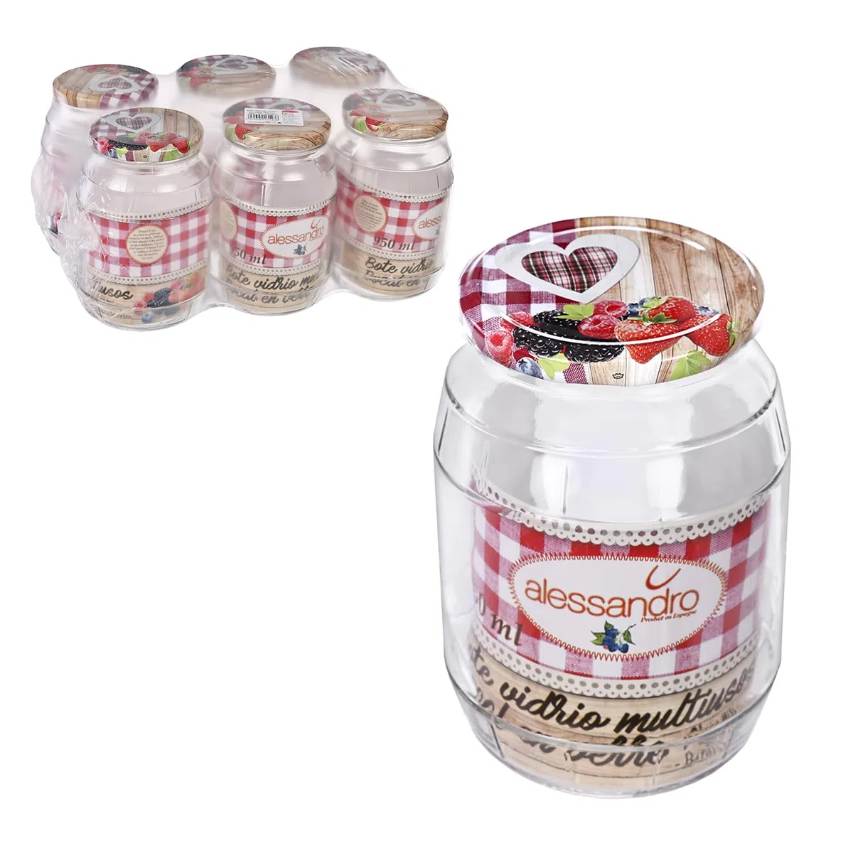 TWO TIGERS Tarro de Cristal 950ml con Tapa. Pack 6 Unidades. Frascos con Tapa de Frutas. Bote Cocina, Legumbres, Hostelería, Cafeterías, Bares, Restaurantes. Cierre Hermético (950ml 6uds)
