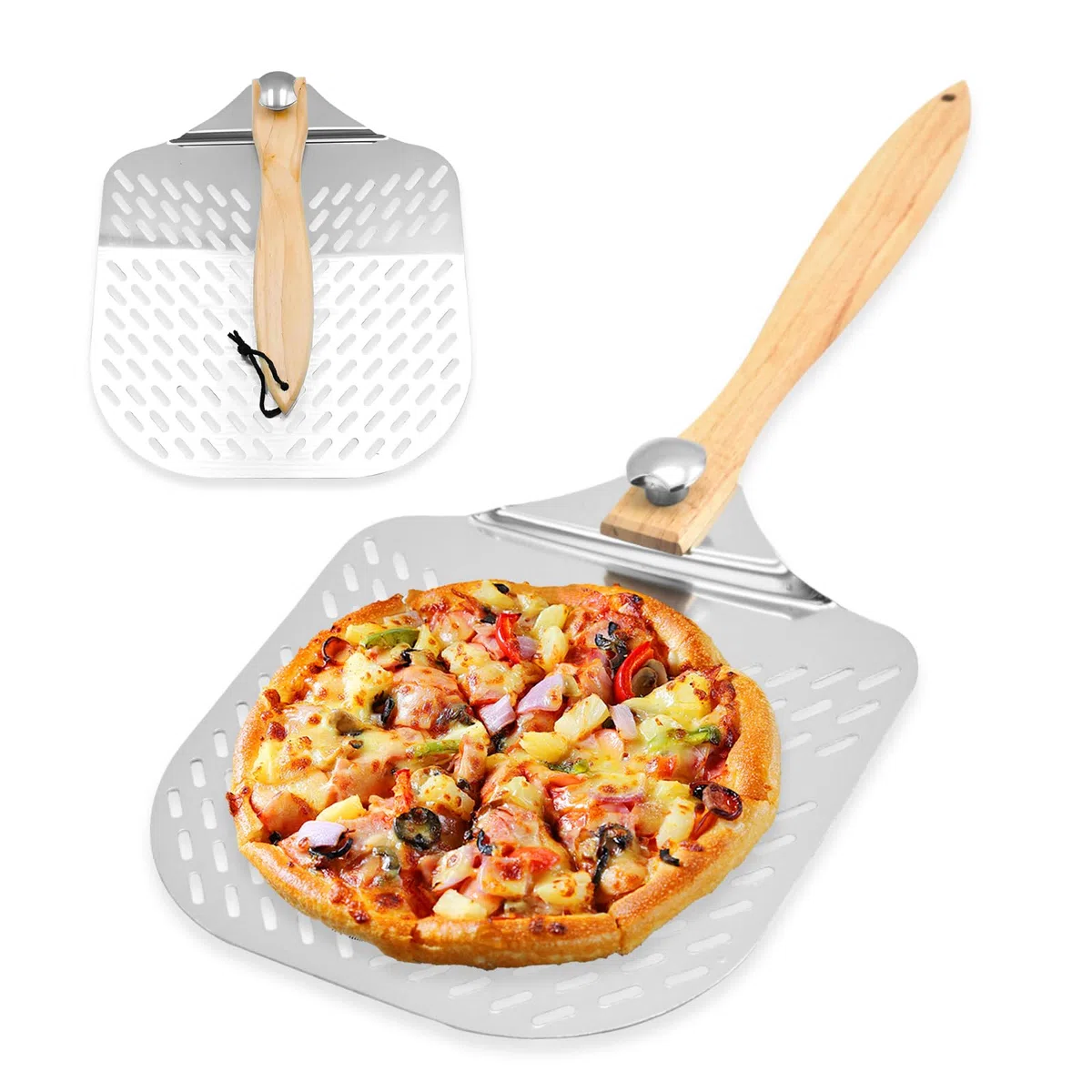 Pala Pizza, Pala para Pizza Perforada, 31 x 63 cm Pala para Pizzas de Aluminio con Mango de Madera Extraíble, Pala de Pizza para Barbacoa, Cocinar Pizzas y Pan