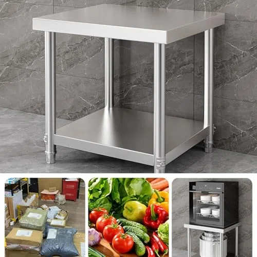 Mesa de Trabajo de Acero Inoxidable Multifuncional con Estante Abierto y Patas aable Multifuncional con Estante Abierto y Patas Ajustables para preparación de Alimentos y Servicio de Cocina.