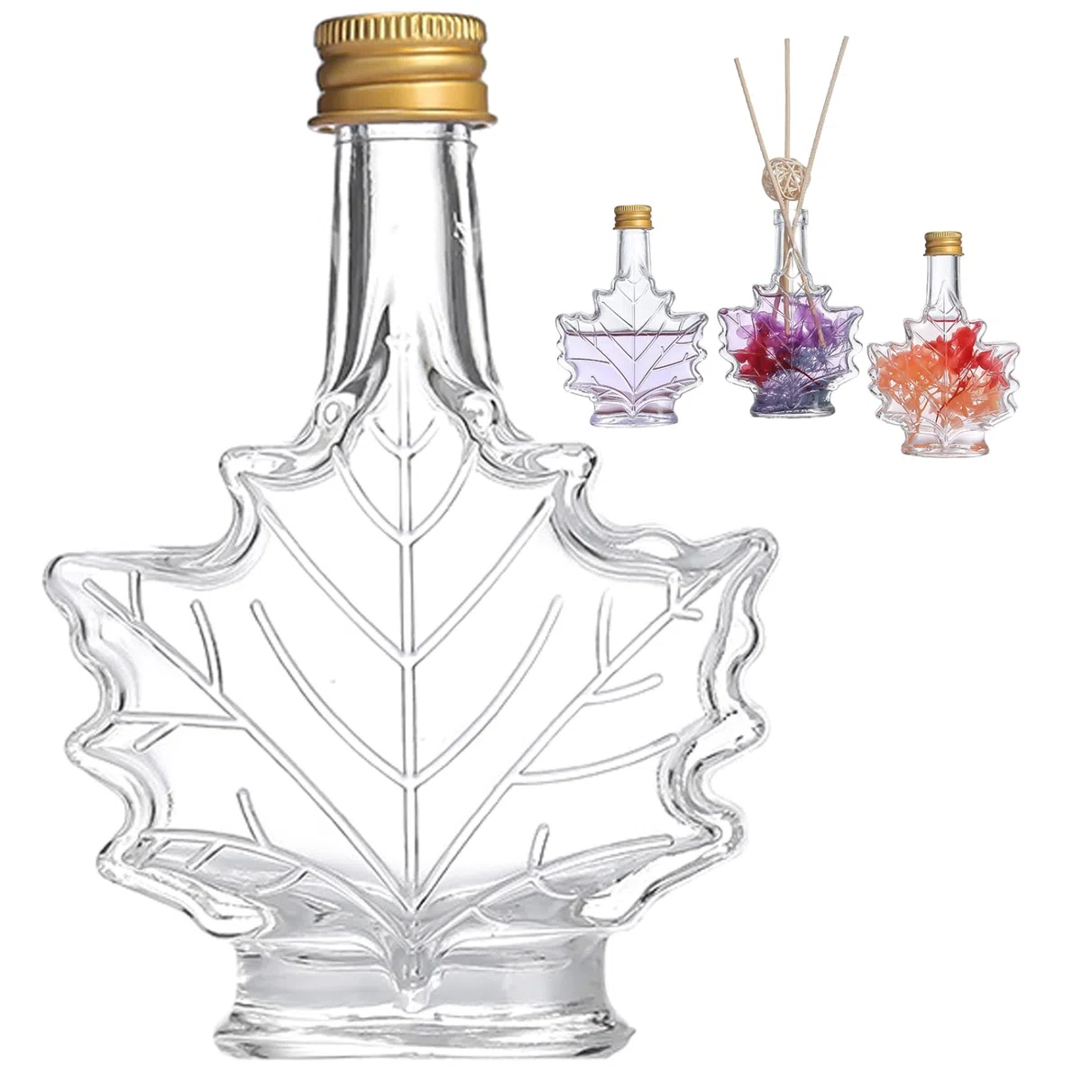 Botellas de jarabe de arce, botella de jarabe de vidrio reutilizable en forma de hoja de 250 ml con tapas, frascos de conservas portátiles de grado alimenticio para almacenar líquidos, aceites, per