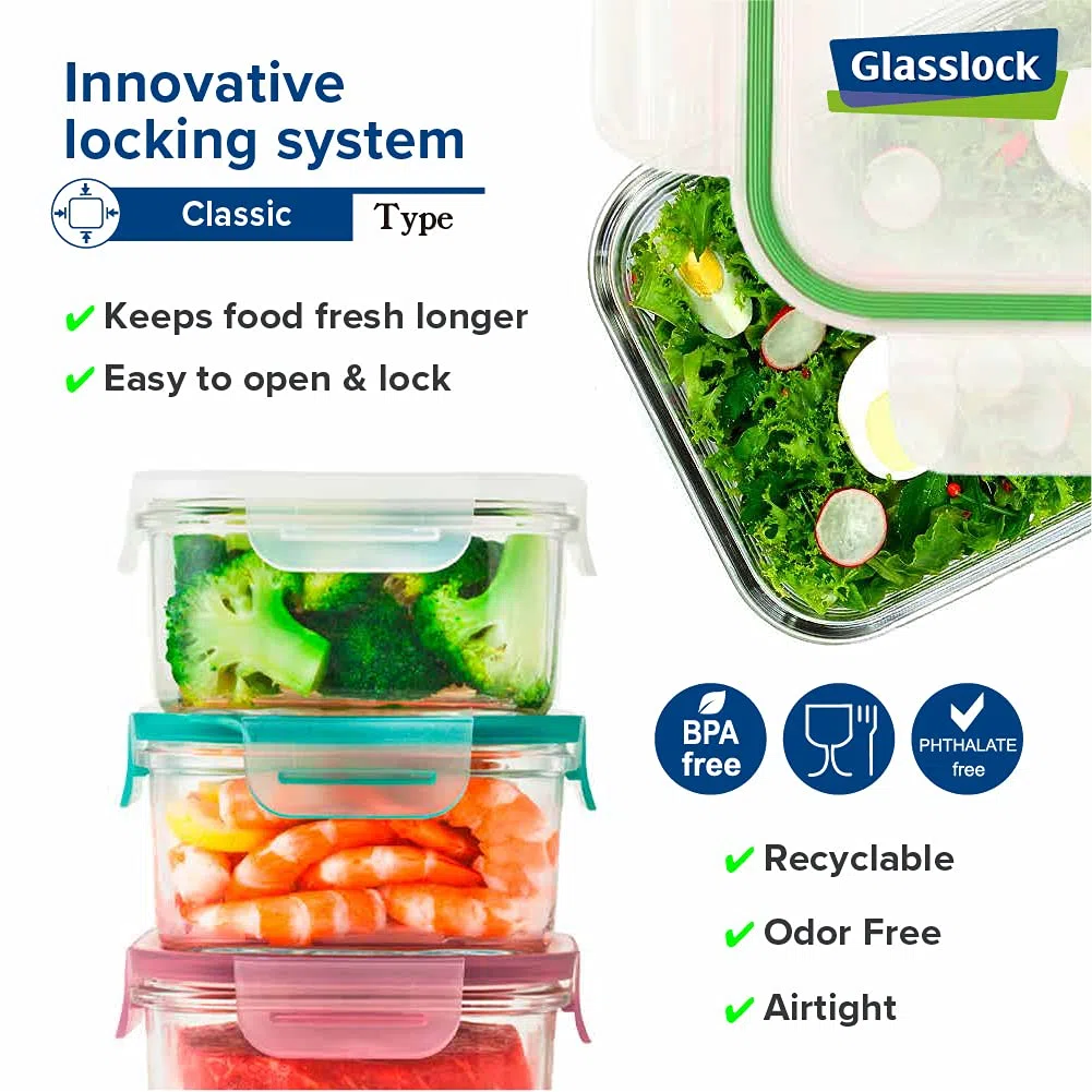 Square Tempered Glass Food Container 17-ounce/490ml RP523 - Glasslock Airtight Anti Spill by GlassLock