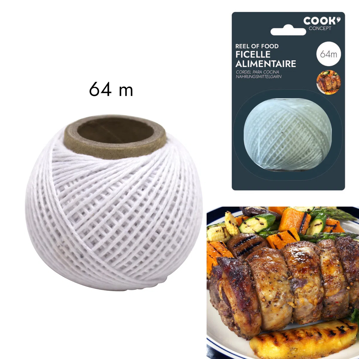 COOK CONCEPT - KU6203 Cuerda Alimentaria con Dispensador de Algodón, Longitud 64 m, Resistente y Fácil de Manipular, Diseñada para Cocina Casera, Tamaño 6 x 6 x 5 cm, Color Blanco