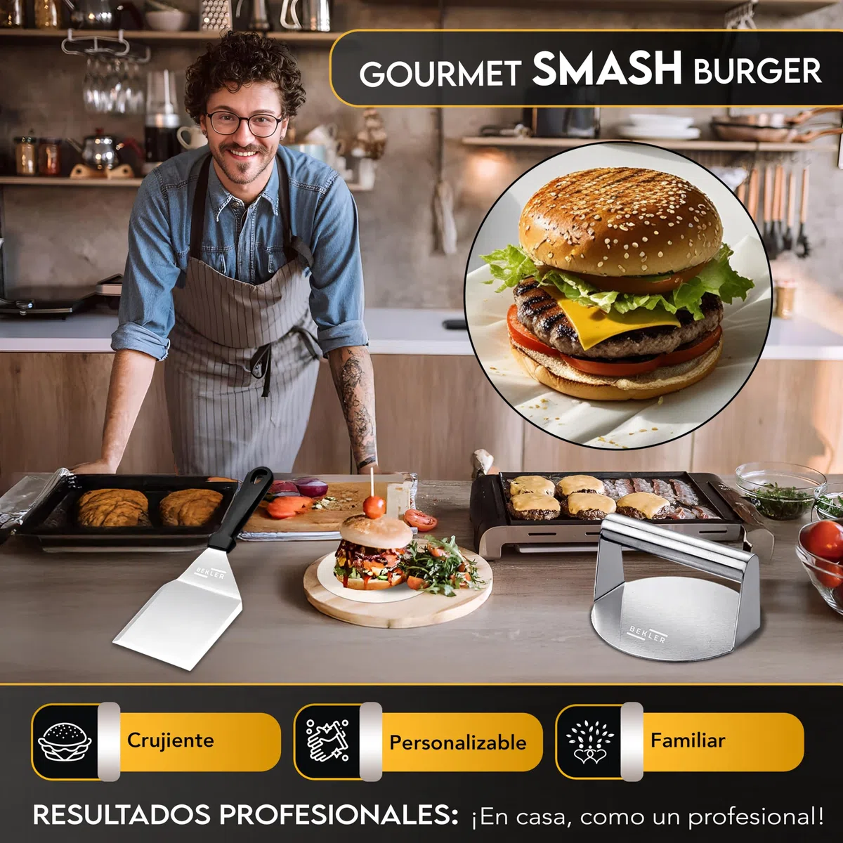 BEKLER Kit Smash Burger - Smash Burger Kit con Aplastador De Hamburguesas Y Espátula, Prensa para Hamburguesas Smash En Acero Inoxidable, Aplasta Hamburguesas Profesional