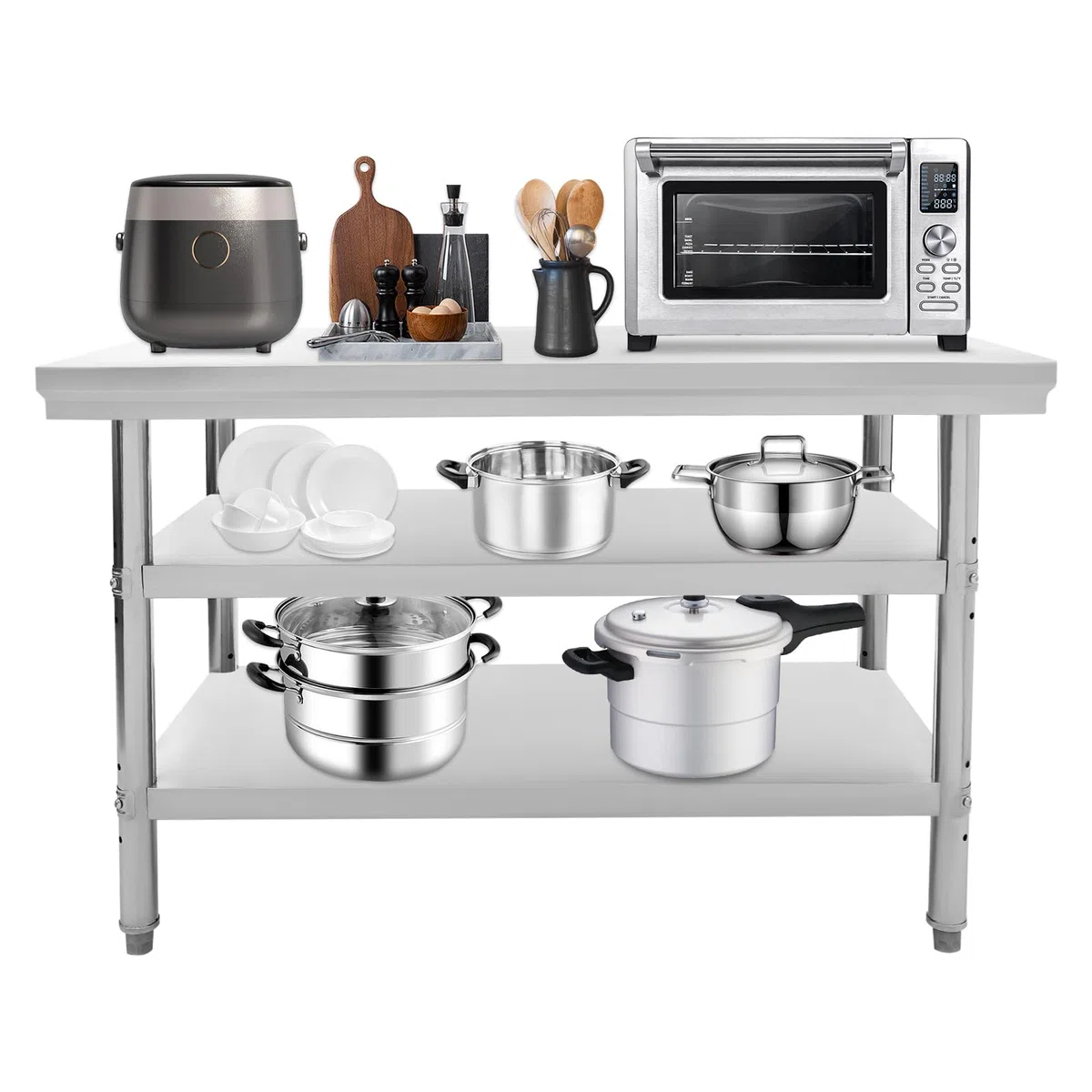 Mesa de trabajo de acero inoxidable de 3 niveles, altura ajustable, mesa de cocina, placas gruesas para cocinas, garajes, jardines, bufés, eventos de catering, almacenamiento de objetos, 120