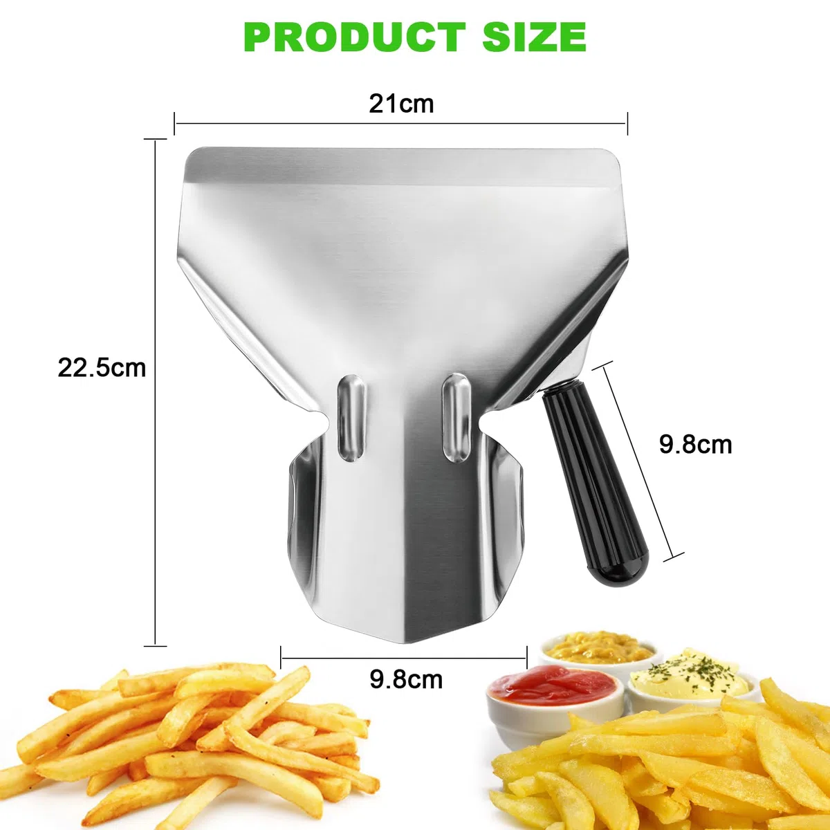 1 pala para patatas fritas, 22,5 x 21 cm, acero inoxidable, con 1 mango derecho, para el hogar, cocina, aperitivos, dulces, postres, con un mango y pinzas para el pan