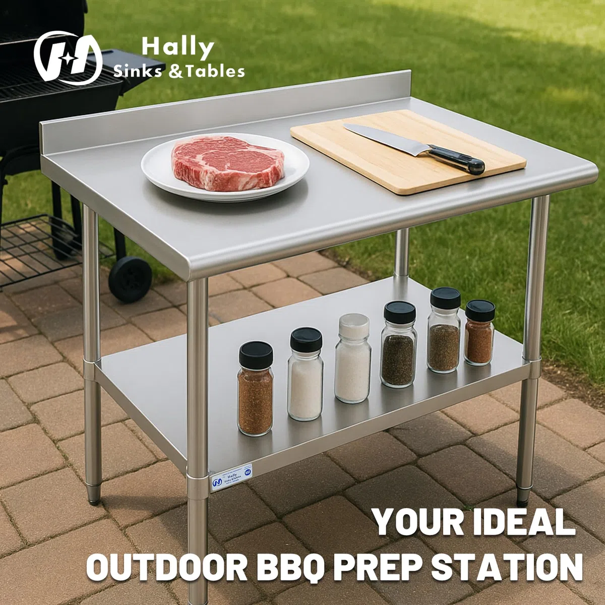 Hally - Mesa de acero inoxidable para preparación y trabajo, 14 x 30 pulgadas, mesa comercial NSF resistente con estante inferior y protector contra salpicaduras para restaurante, hogar y hotel