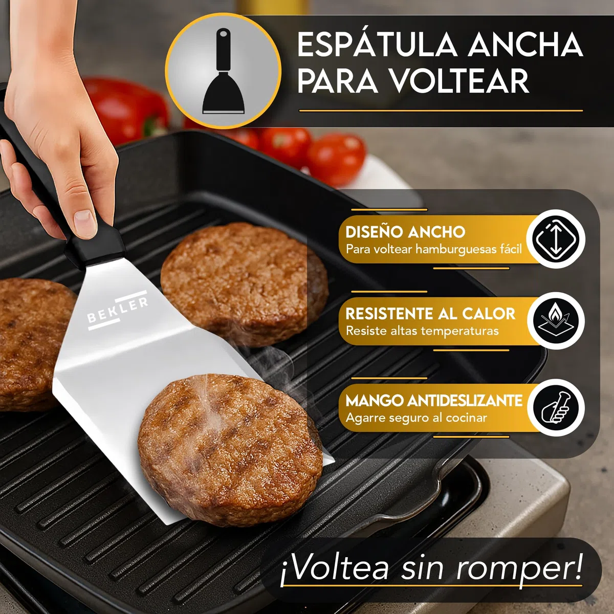 BEKLER Kit Smash Burger - Smash Burger Kit con Aplastador De Hamburguesas Y Espátula, Prensa para Hamburguesas Smash En Acero Inoxidable, Aplasta Hamburguesas Profesional