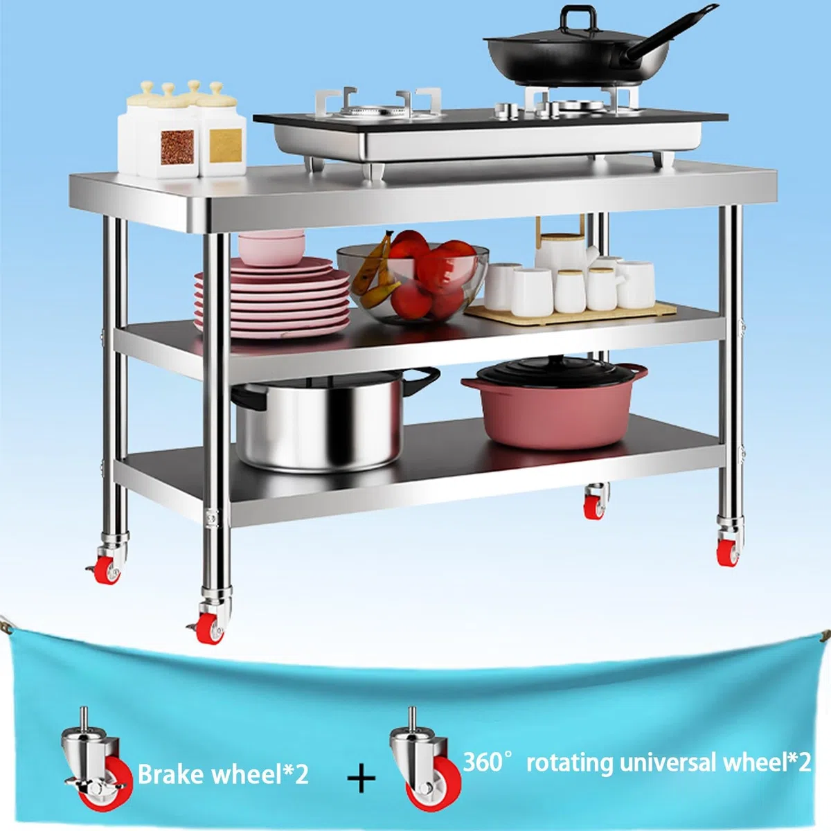 Mesa de Trabajo Acero Inoxidable, Mesa de Catering Comercial de Acero Inoxidable, Mesa de Preparación Resistente con 4 Ruedas, Banco de Trabajo de Chef for Restaurante(3layer,120x60x80cm)