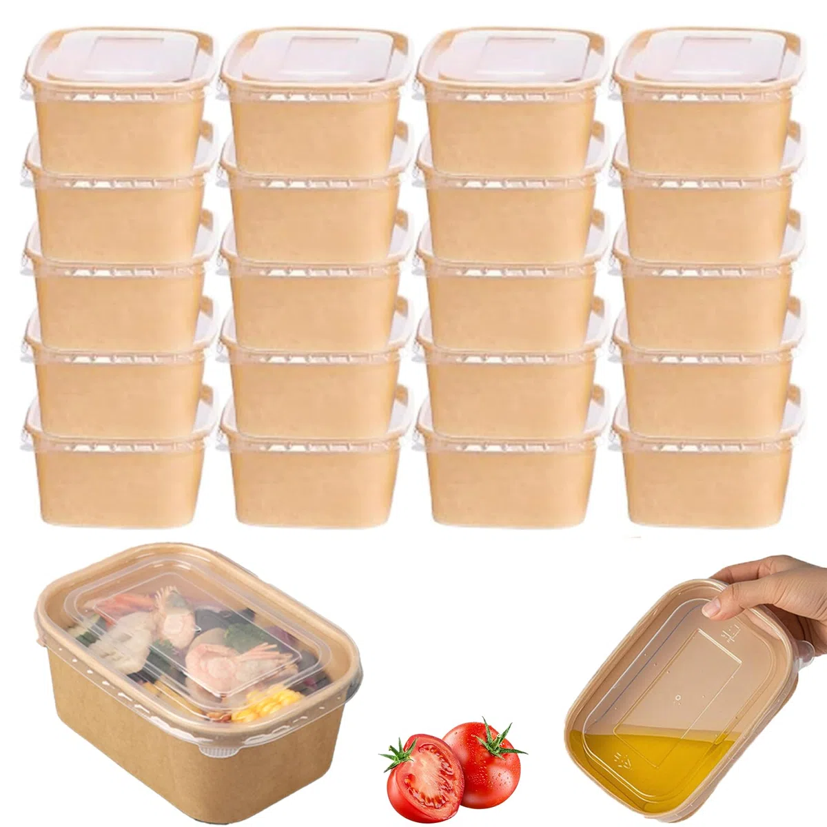 20 Piezas Cuencos de Papel Kraft 500ml con Tapa - Reutilizables, Impermeables y Resistentes al Aceite para Microondas, Envío, Ensaladas, Sopa y Comida para Llevar