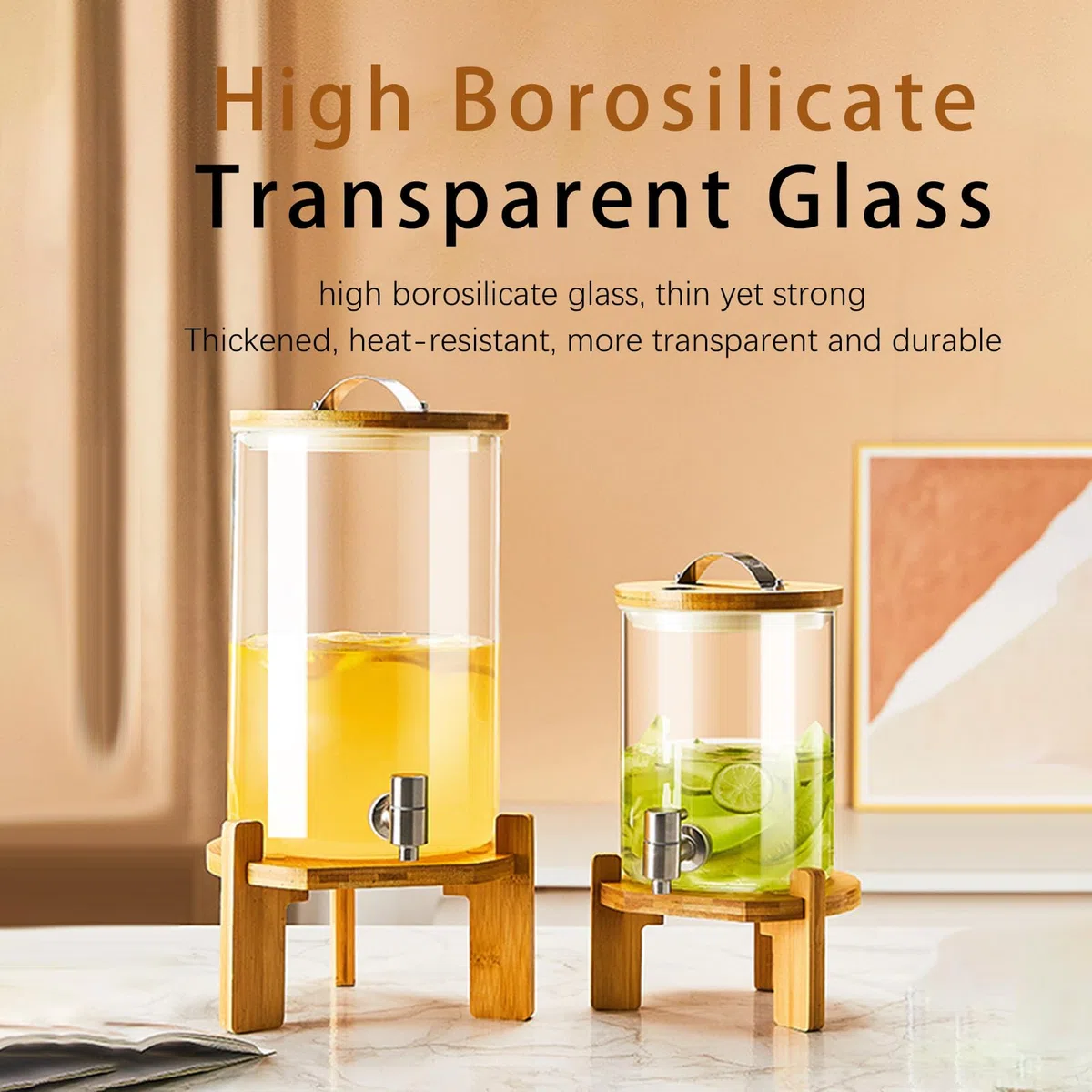 Máquina de bebidas de vidrio de 11 l, exprimidor grande con soporte de madera y grifo de acero inoxidable, botella de limonada para fiestas, dispensador de bebidas para restaurantes y bares, 8 l