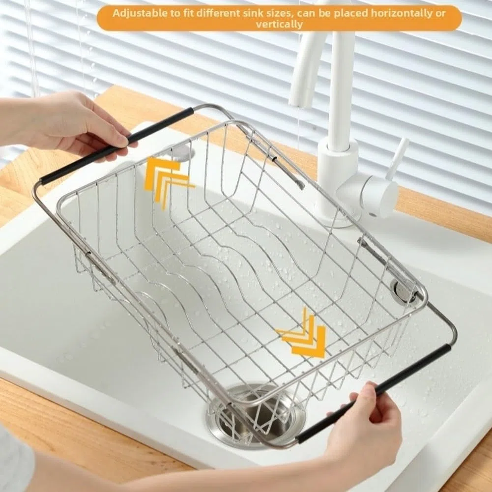 Cesta telescópica de acero inoxidable para fregadero con drenaje de malla y ranuras organizadoras para un secado eficiente (D)