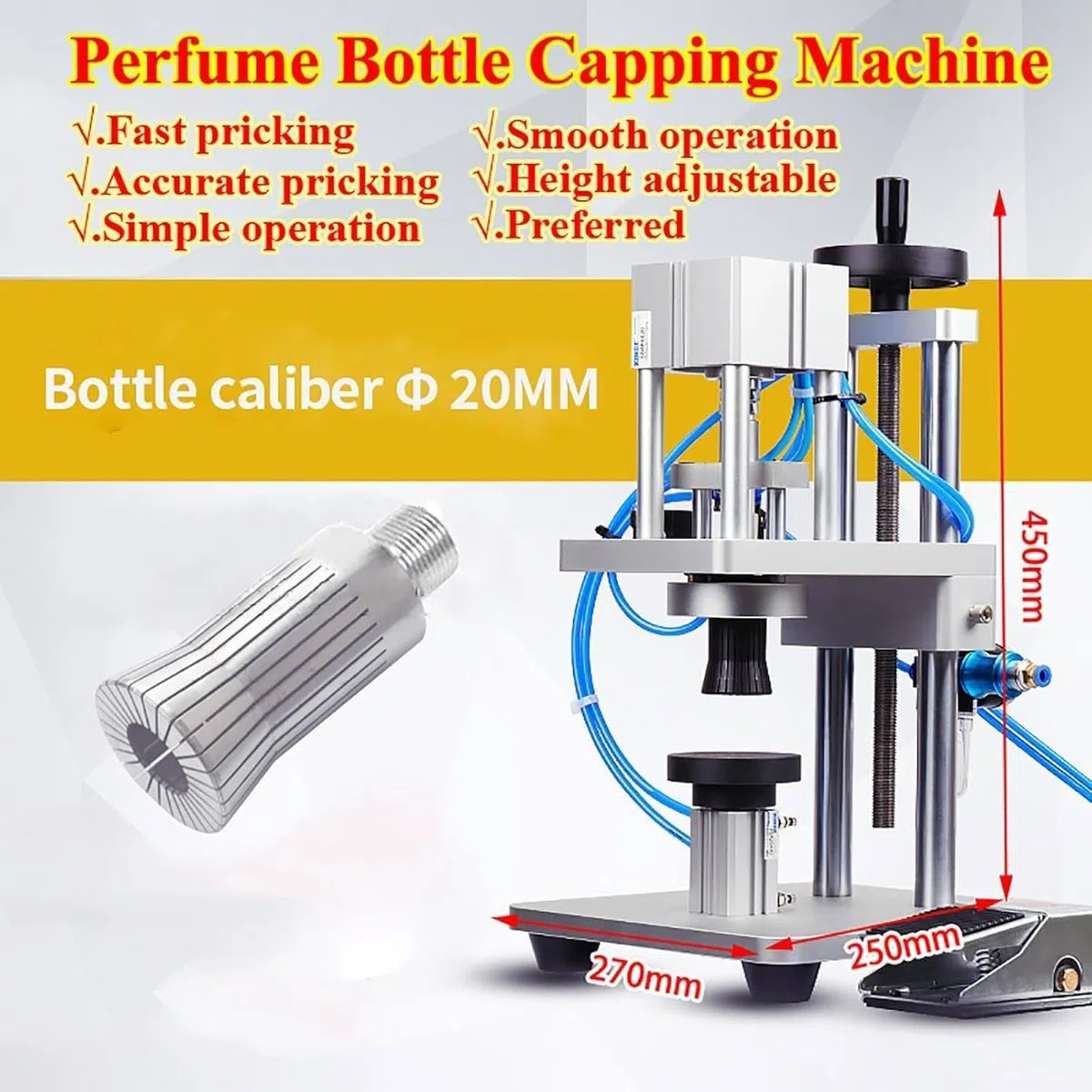Máquina neumática taponadora de Botellas para perfumes, aceites Esenciales y Aerosoles. Selladora de Tapas metálicas de 20 mm.