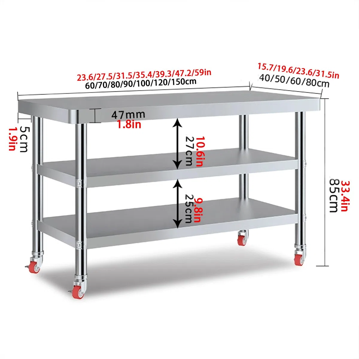 Mesa de Trabajo Acero Inoxidable, Mesa de Catering Comercial de Acero Inoxidable, Mesa de Preparación Resistente con 4 Ruedas, Banco de Trabajo de Chef for Restaurante(3layer,120x60x80cm)