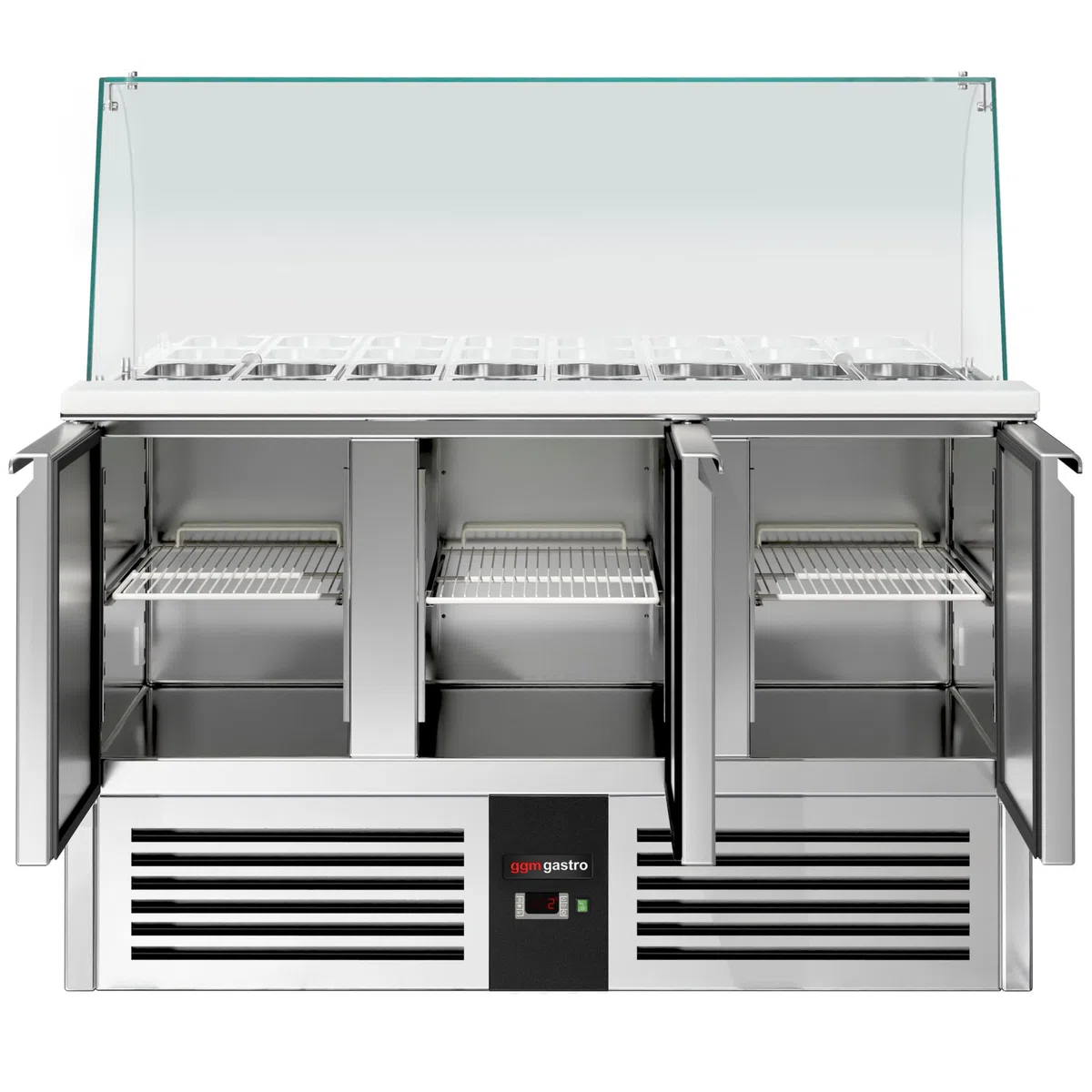 GGM Gastro Saladette PREMIUM - 4x GN 1/1 - Tapa de vidrio alta - 3 puertas - 368 litros - 240 W - Función de descongelación automática - Frente negro - Acero inoxidable - SAG147DRG#GSG147