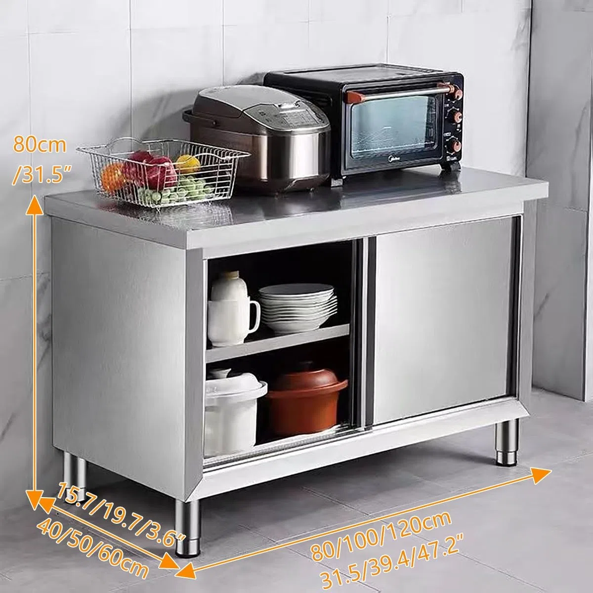 Mesa de trabajo de acero inoxidable con puerta corredera, mesa de preparación comercial resistente para cocina y restaurante, capacidad de carga de 1240 libras